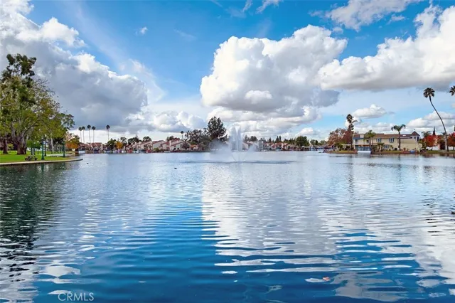 a view of a park with large trees