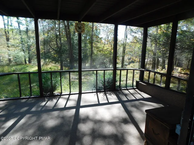 a view of a black and white comforter