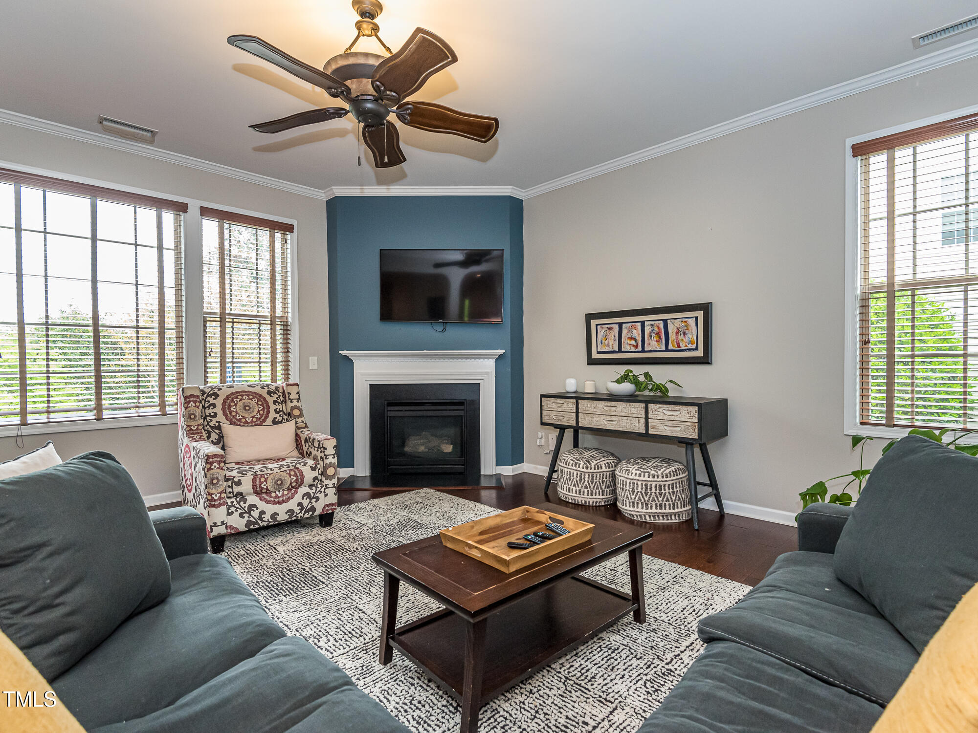 111 Gathering Place Durham, NC 27713 - Photo 7 of 44 a living room with furniture a flat screen tv and a fireplace