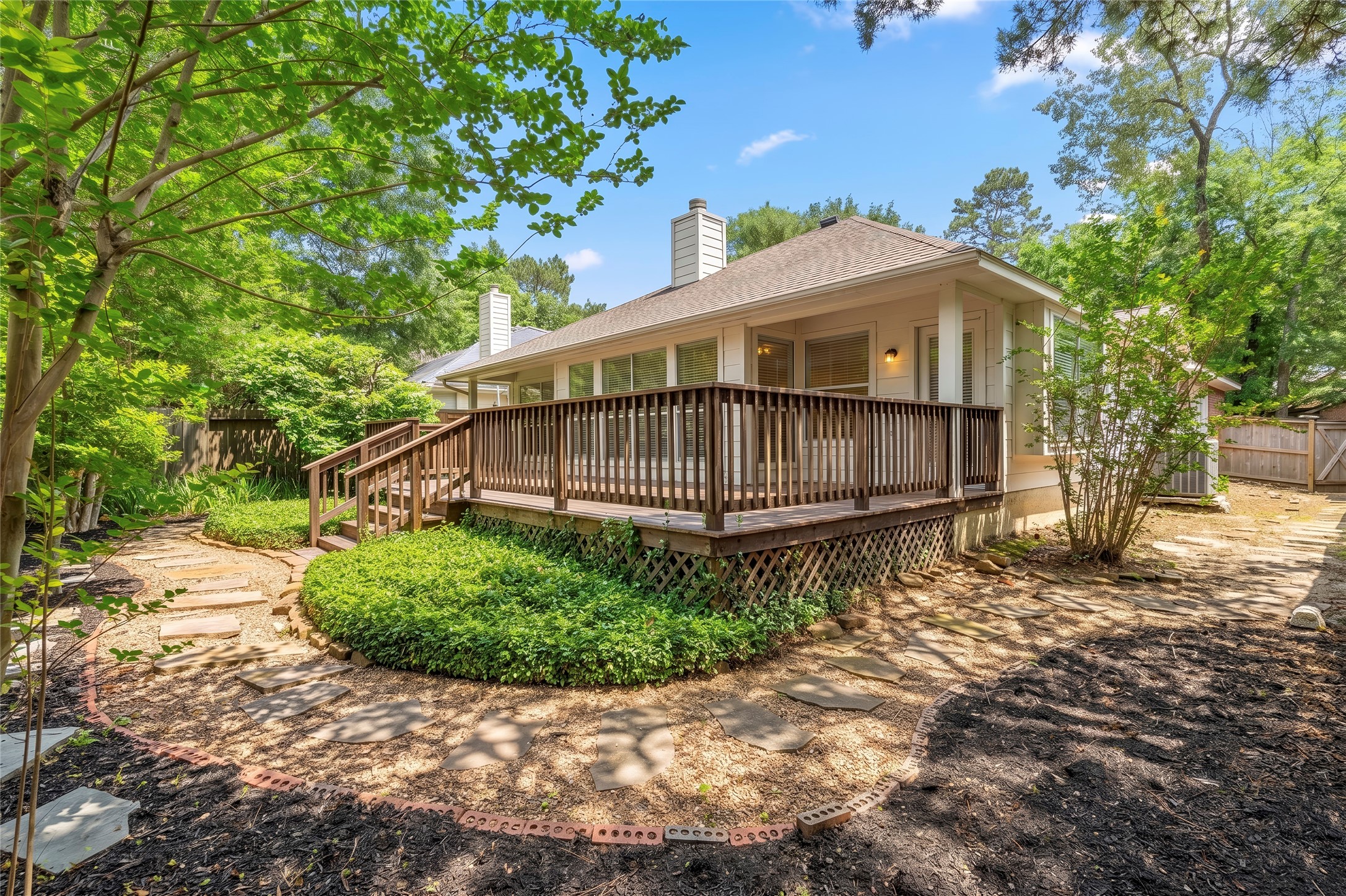 142 South Veranda Ridge Drive Spring, TX 77382 - Photo 24 of 31 The peaceful backyard includes an oversized deck with covered areas, mature trees, and beautifully landscaped surroundings. The deck was renovated in 2026.