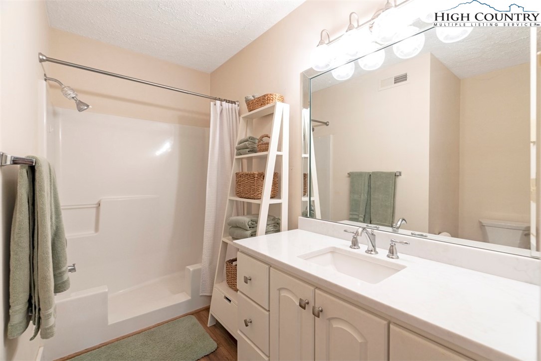 166 Still Lake Drive, Unit 222 Boone, NC 28607 - Photo 23 of 37 a bathroom with a shower sink vanity and mirror