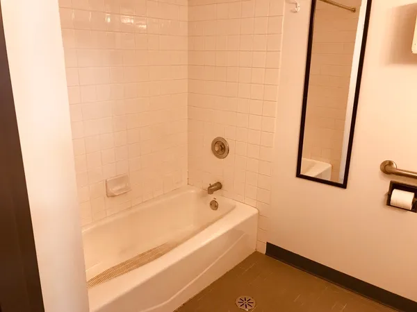 a bathroom with a bathtub and shower