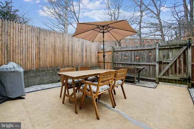 a backyard of a house with table and chairs