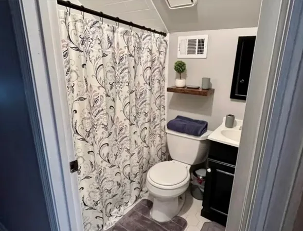 a bathroom with a toilet and a shower curtain