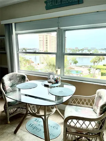 a view of a dining room with furniture window and outside view