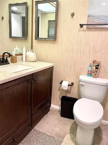 a bathroom with a sink a toilet a mirror and vanity