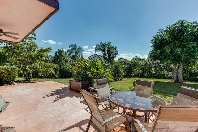 an outdoor space with furniture and garden