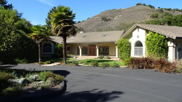 a front view of a house with yard and green space