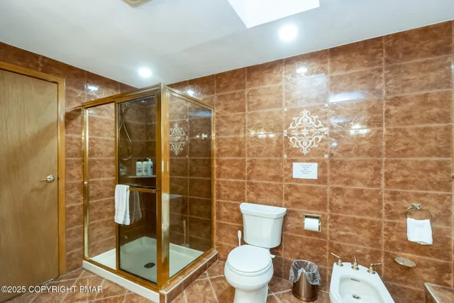 a bathroom with a shower and toilet