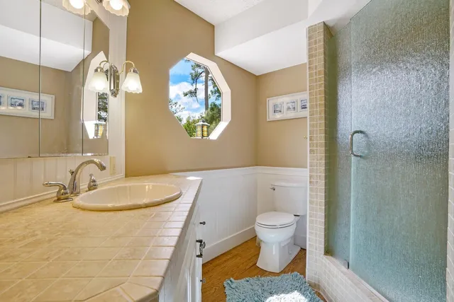 a bathroom with a sink a toilet and a mirror