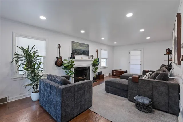 a living room with furniture a fireplace a potted plant and a fireplace
