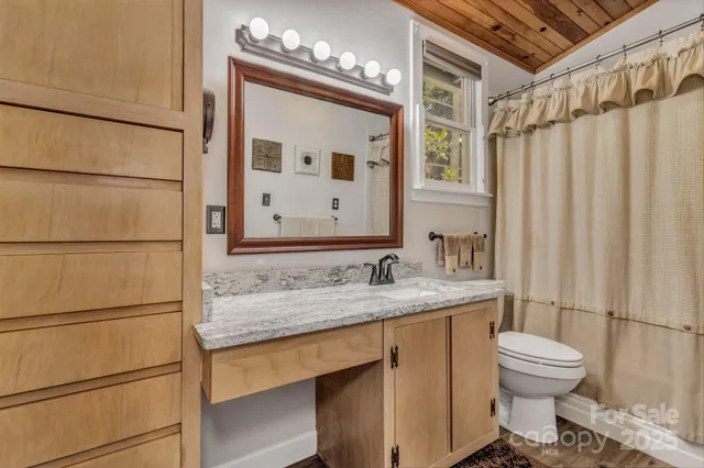 a bathroom with a granite countertop sink toilet and mirror