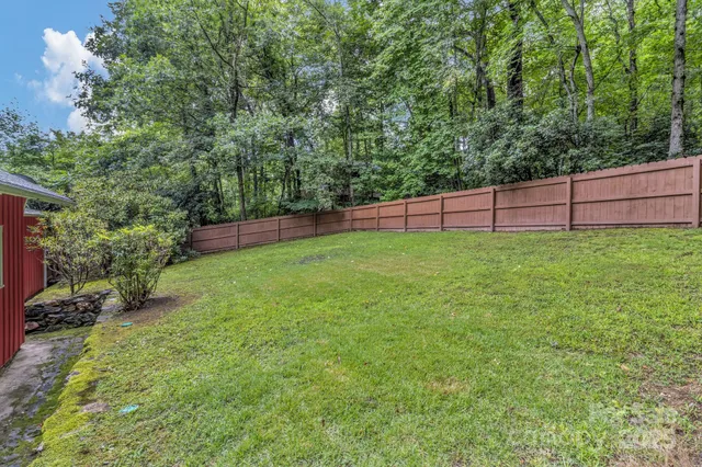 a view of a backyard with potted plants and large tree