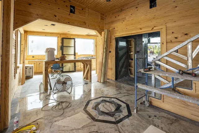 an aerial view of a swimming pool