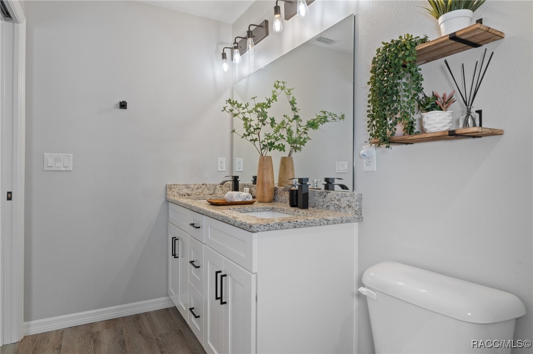 4865 South Tromp Loop Homosassa, FL 34448 - Photo 14 of 30 a bathroom with a granite countertop sink a toilet and mirror