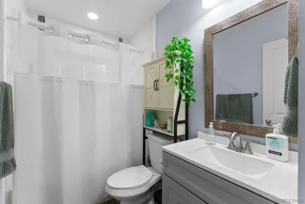 a bathroom with a sink a toilet a mirror and shower curtain