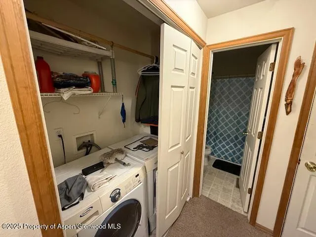 a view of walk in closet with clothes and washer