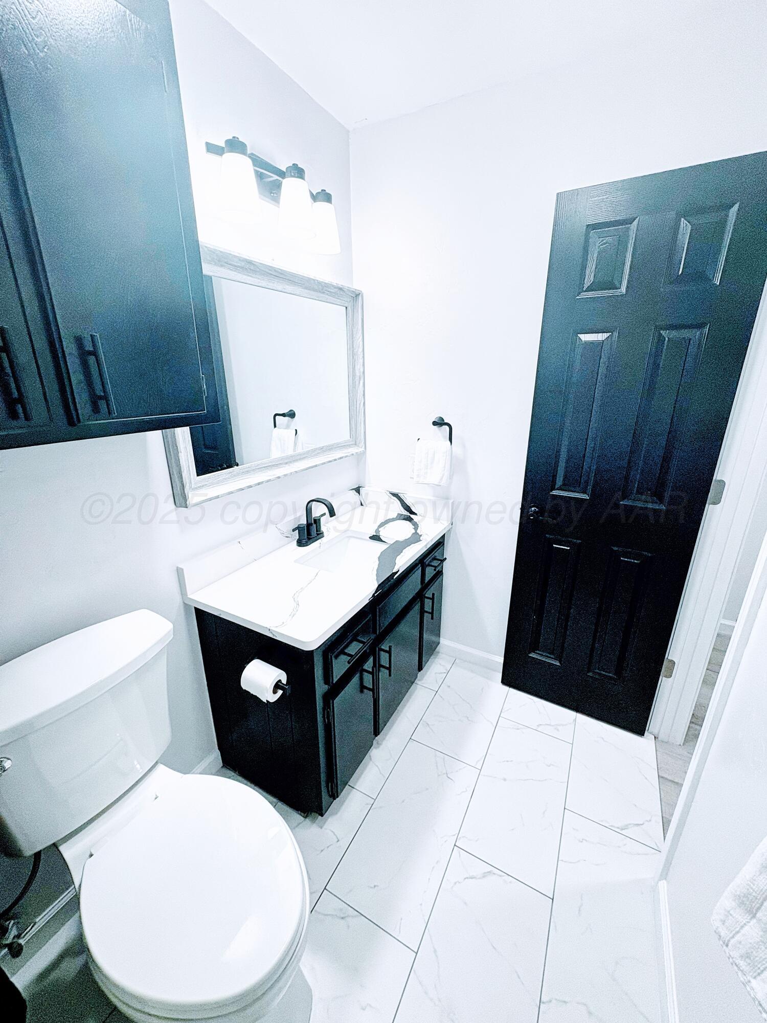 2310 Texas Street Perryton, TX 79070 - Photo 22 of 26 a bathroom with a sink a toilet and mirror