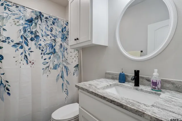 a bathroom with a granite countertop sink and a mirror