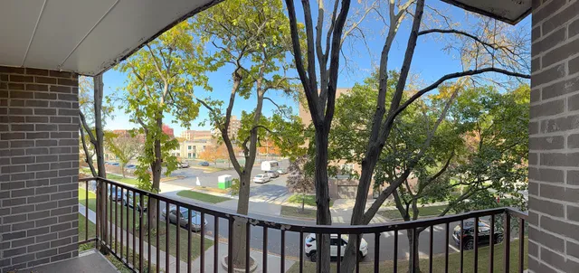 a view of a building from a balcony