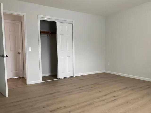 a view of an empty room with wooden floor and closet