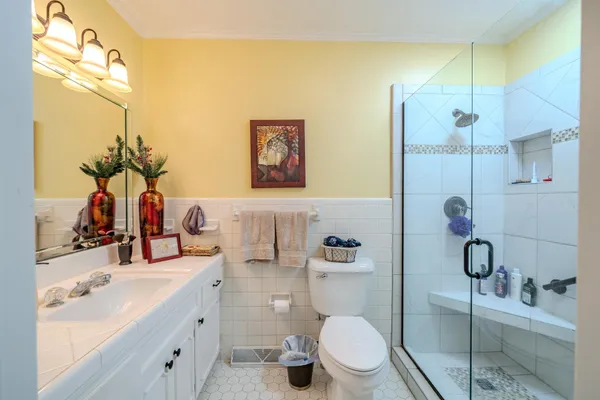 a bathroom with a sink mirror vanity and toilet