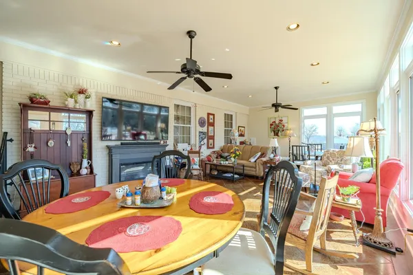 a view of a dining room with furniture