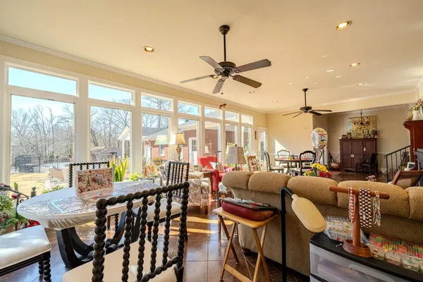 a view of a dining room with furniture window and outside view