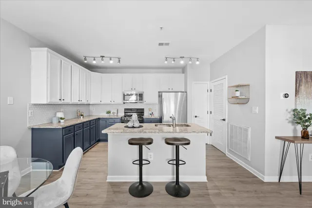 a view of a dining room with furniture