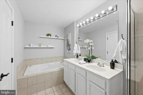 a bathroom with a bathtub a sink and a mirror