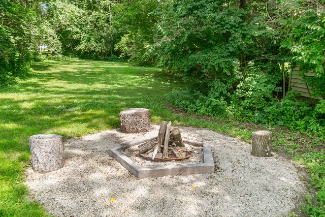 a view of a garden with a fountain