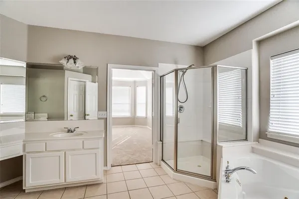 a bathroom with a double vanity sink mirror and shower
