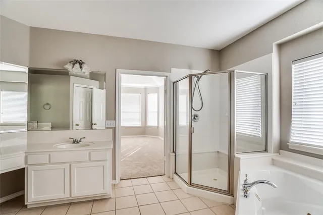 a bathroom with a double vanity sink mirror and shower