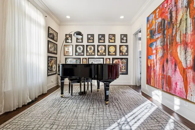 a living room with furniture and a table