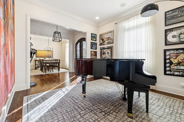 a living room with furniture fireplace and potted plant