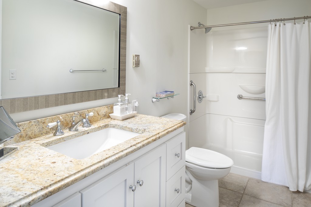1 Belmont Road, Unit 223 West Harwich, MA 02671 - Photo 11 of 23 a bathroom with a granite countertop sink a toilet and shower