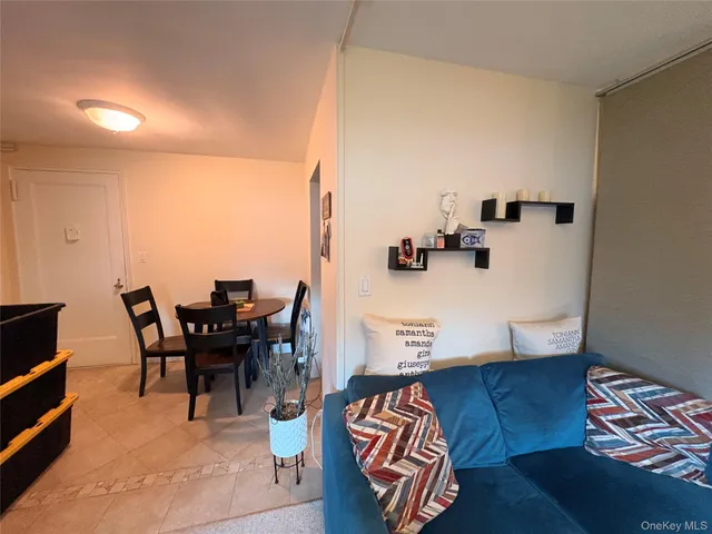 a living room with furniture and a dining table with potted plants