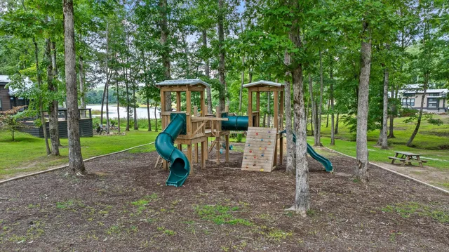 a view of a park with large trees