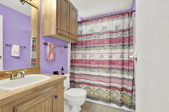 a bathroom with a sink a vanity and a shower curtain
