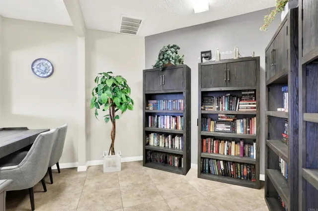 a living room with furniture a bookshelf and a potted plant