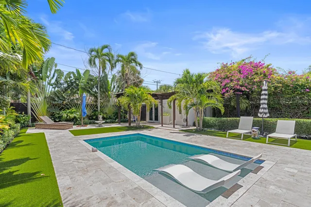 a view of a swimming pool with a yard