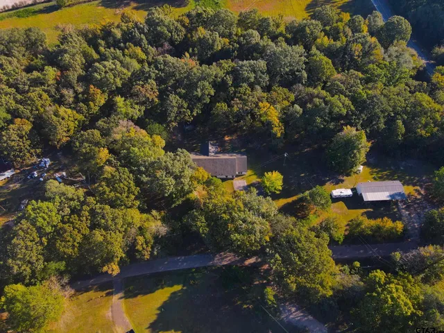 an aerial view of a residential houses with yard