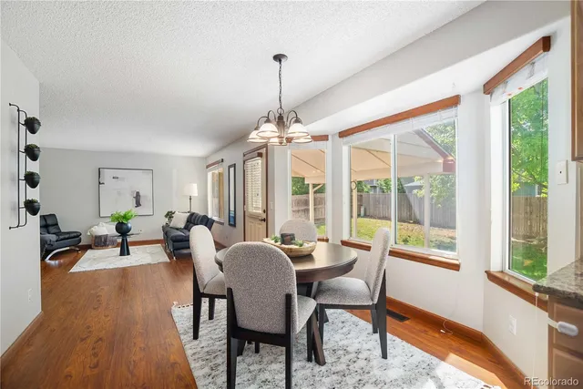 a view of a dining room with furniture window and outside view