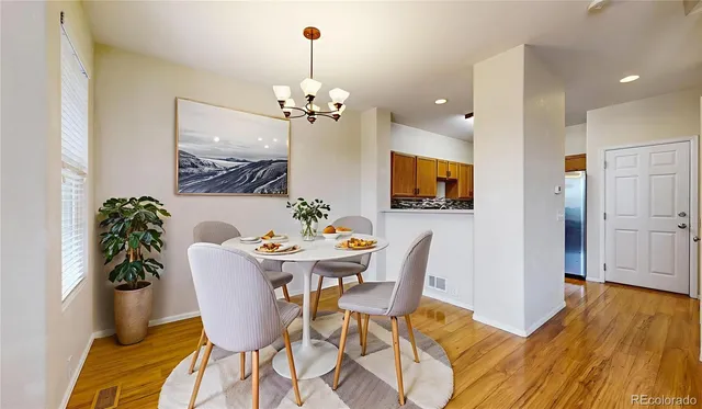 a view of a dining room with furniture and wooden floor
