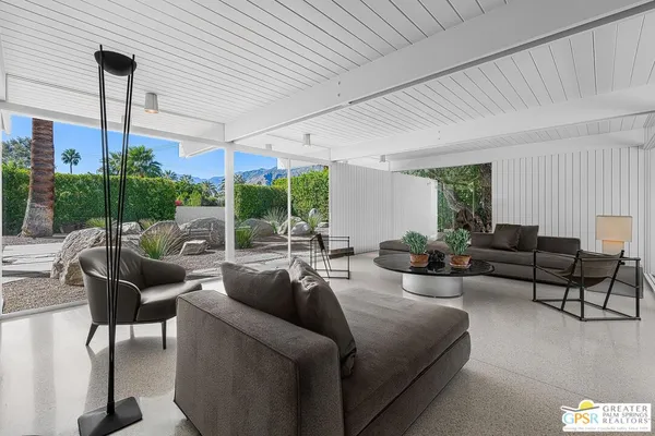 a living room with furniture and a potted plant