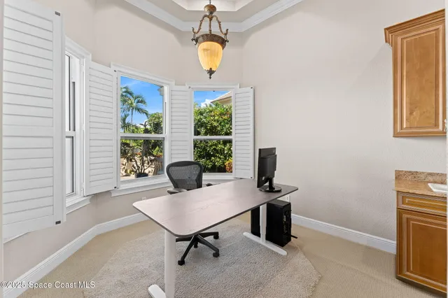 a reading room with furniture and a potted plant
