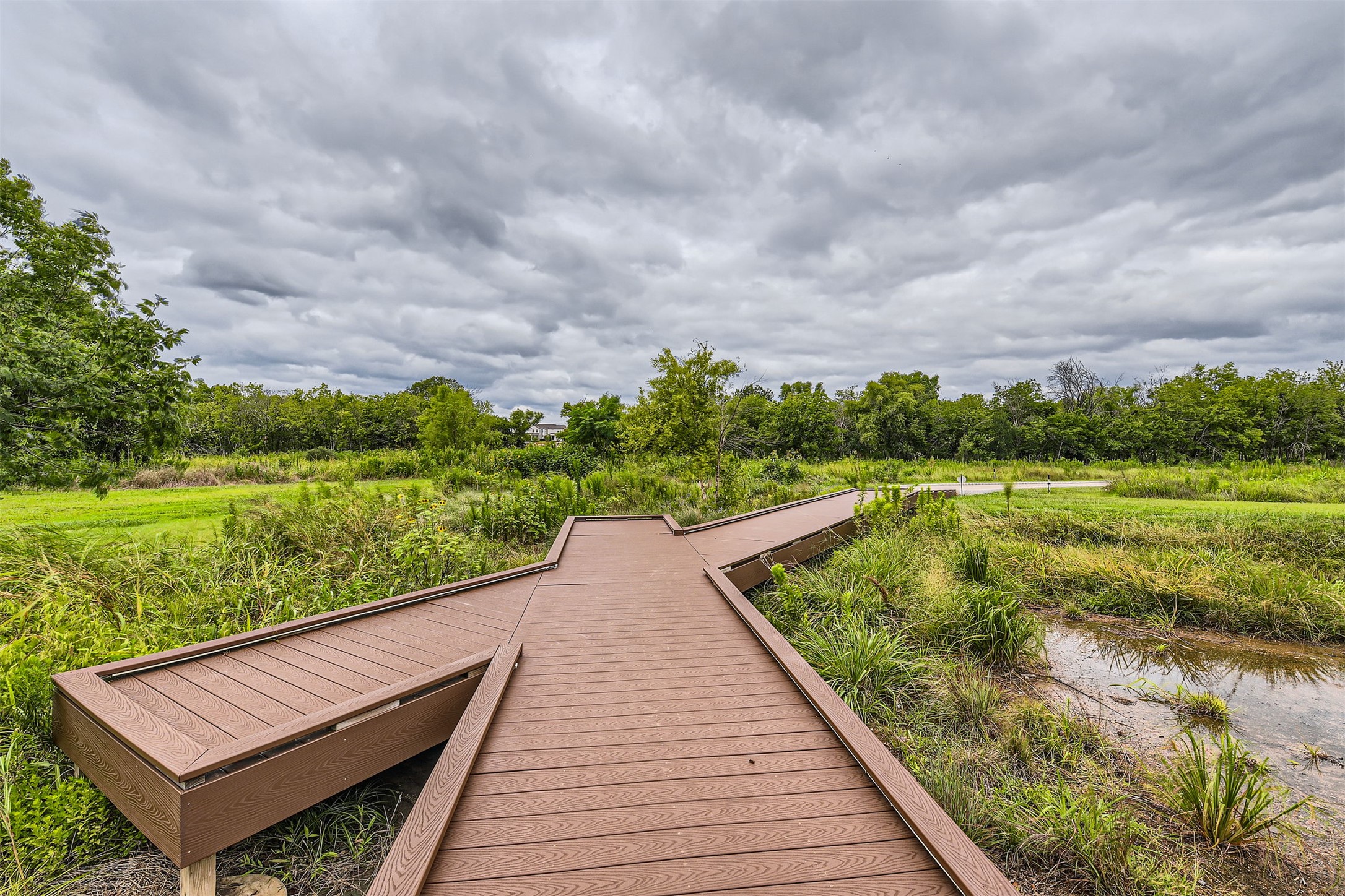8313 Spire View Austin, TX 78744 - Photo 30 of 33 A tranquil boardwalk winds through verdant wetlands, inviting exploration under a dramatic sky.