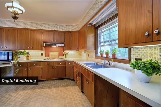 a kitchen with refrigerator cabinets and a sink