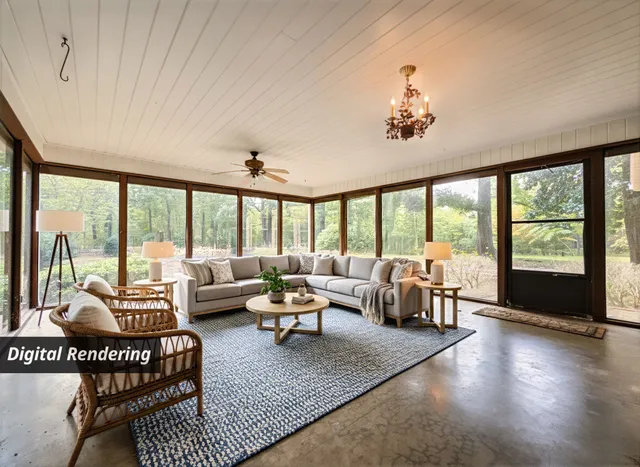 a view of a yard with large trees