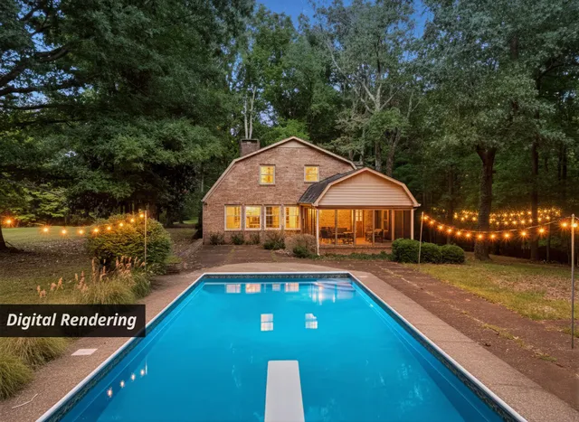 a view of an empty room with a fireplace and a chandelier